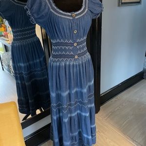LAPIS SIZE M DENIM MAXI DRESS CINCHED WAIST PUFF SLEEVES 52” LONG